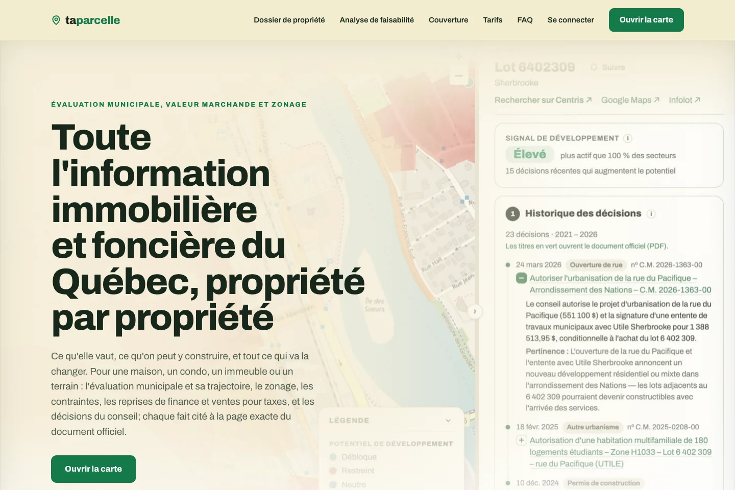TaParcelle website showing its Québec property information platform